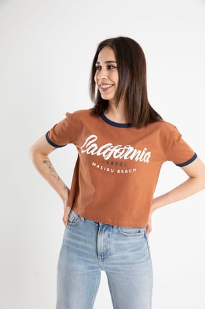 Kadın California Baskılı Crop T-Shirt