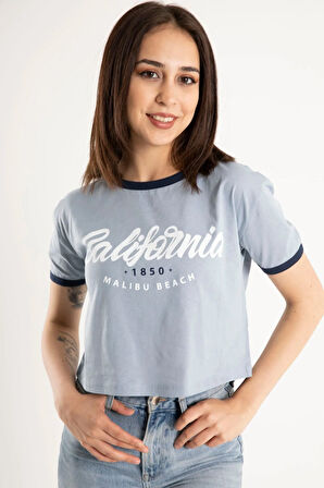 Kadın Mavi California Baskılı Crop T-shirt