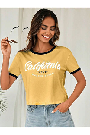 Kadın California Baskılı Crop T-Shirt