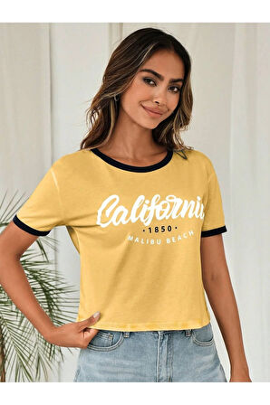 Kadın California Baskılı Crop T-Shirt