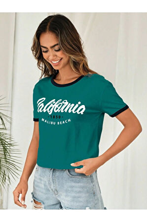 Kadın California Baskılı Crop T-Shirt