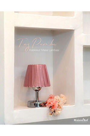 Pembe Osmanlı İpeği Pileli Kablosuz Masa Lambası -Alt Gümüş Led Işık