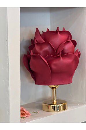 Bordo Eva Gül Tasarım Kablosuz Masa Lambası - Alt Parlak Gold