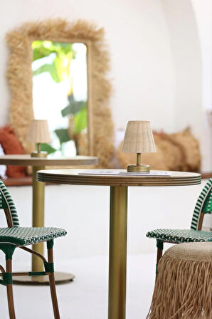 Rattan & Bambu Kablosuz Şarjlı Masa Lambası - Alt Eskitme Gold