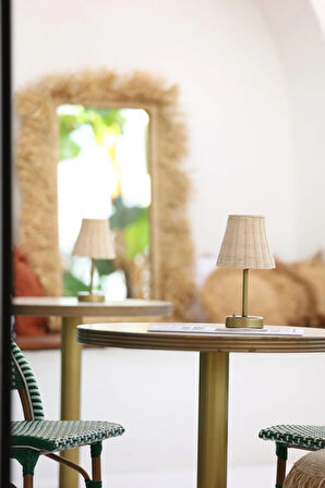 Rattan & Bambu Kablosuz Pilli Abajur Masa Lambası - Alt Uzun Eskitme Gold