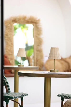 Rattan & Bambu Kablosuz Pilli Abajur Masa Lambası - Alt Uzun Eskitme Gold