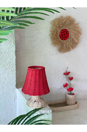 Kırmızı Rattan & Bambu Masa Üstü Kablosuz Pilli Abajur Alt- Üst Rattan Masa Lambası