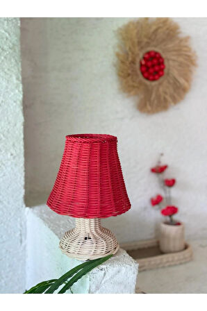 Kırmızı Rattan & Bambu Masa Üstü Kablosuz Pilli Abajur Alt- Üst Rattan Masa Lambası