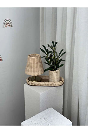 4'lü Rattan Set Kablosuz Masa Lambası - Eskitme Gold, Düzenleyici, Mini Vazo, Zeytin Dalı