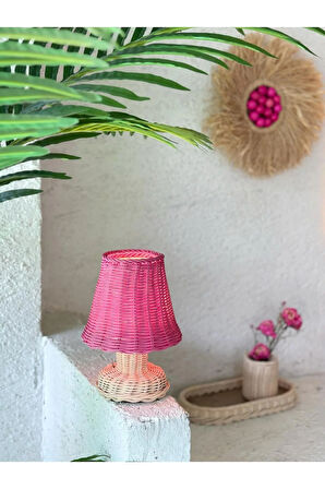 Pembe Rattan & Bambu Masa Üstü Kablosuz Pilli Abajur Alt- Üst Rattan Masa Lambası