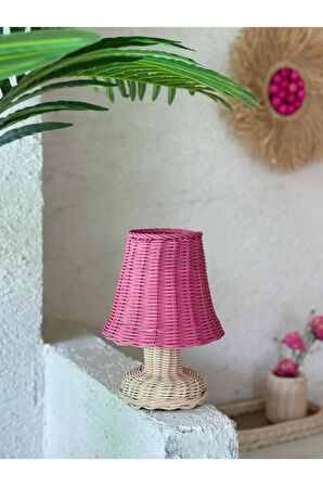 Pembe Rattan & Bambu Masa Üstü Kablosuz Pilli Abajur Alt- Üst Rattan Masa Lambası