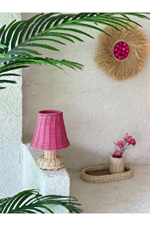 Pembe Rattan & Bambu Masa Üstü Kablosuz Pilli Abajur Alt- Üst Rattan Masa Lambası