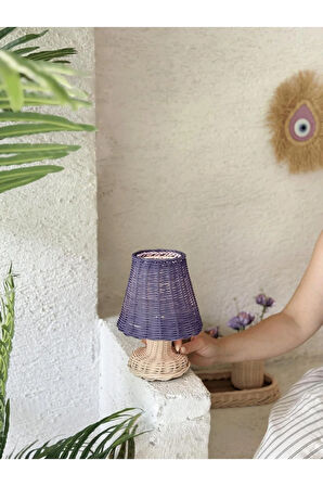 Mor Rattan & Bambu Masa Üstü Kablosuz Pilli Abajur Alt Rattan Masa Lambası