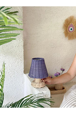 Mor Rattan & Bambu Masa Üstü Kablosuz Pilli Abajur Alt Rattan Masa Lambası