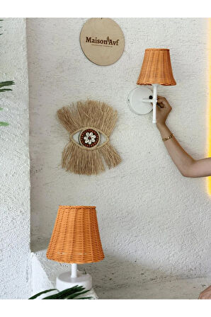 Turuncu Rattan & Bambu Masa Üstü Kablosuz Pilli Abajur Masa Lambası Alt Ayak Beyaz