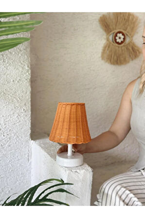Turuncu Rattan & Bambu Masa Üstü Kablosuz Pilli Abajur Masa Lambası Alt Ayak Beyaz