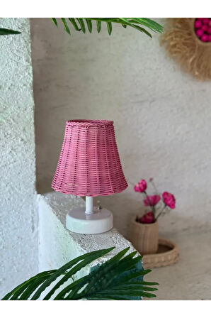 Pembe Rattan & Bambu Masa Üstü Kablosuz Pilli Abajur Masa Lambası Alt Ayak Beyaz