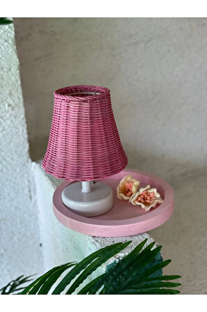 Pembe Rattan & Bambu Masa Üstü Kablosuz Pilli Abajur Masa Lambası Alt Ayak Beyaz