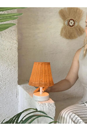 Turuncu Rattan & Bambu Masa Üstü Kablosuz Pilli Abajur Masa Lambası Alt Ayak Beyaz