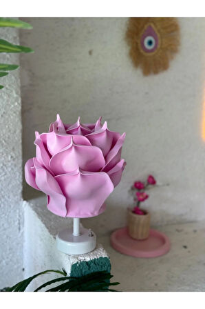Pembe Eva Gül Tasarım Kablosuz Pilli Masa Lambası - Alt Beyaz