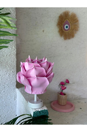 Pembe Eva Gül Tasarım Kablosuz Pilli Masa Lambası - Alt Beyaz