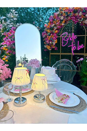 Candy Pembe Fiyonk Kurdele Beyaz Rafya Kablosuz Pilli Masa Lambası - Alt Uzun Gümüş
