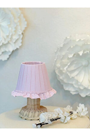 Pinky Pembe Pötikare Desen Kumaş Rattan Ayaklı Kablosuz Gece Masa Lambası