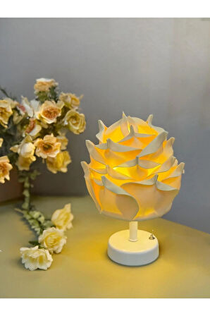 Butter Yellow - Sarı Eva Gül Tasarım Kablosuz Pilli Masa Lambası - Alt Beyaz (Tüm Boy 30 cm)