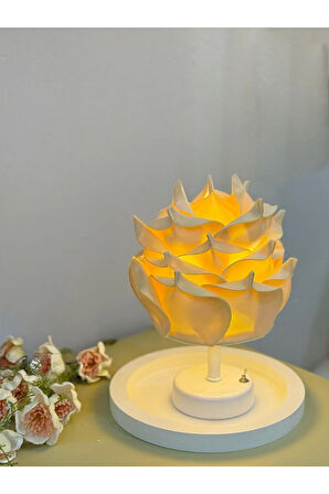 Butter Yellow - Sarı Eva Gül Tasarım Kablosuz Pilli Masa Lambası - Alt Beyaz (Tüm Boy 30 cm)