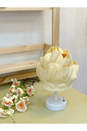 Butter Yellow - Sarı Eva Anemon Tasarım Kablosuz Pilli Masa Lambası - Alt Beyaz (Tüm Boy 30 cm)