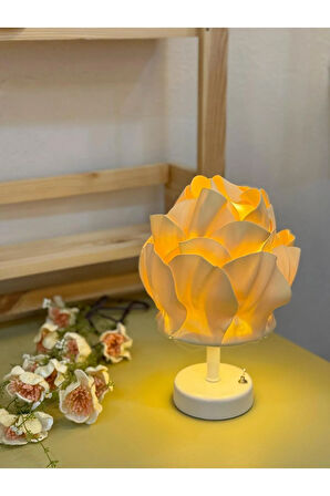 Butter Yellow - Sarı Eva Anemon Tasarım Kablosuz Pilli Masa Lambası - Alt Beyaz (Tüm Boy 30 cm)