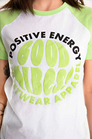 Kadın Kısa Kol Puf Print Slogan Baskılı Neon Yeşil Renk Tişört