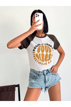 Kadın Kısa Kol Puf Print Slogan Baskılı Beyaz Tişört