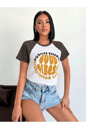 Kadın Kısa Kol Puf Print Slogan Baskılı Beyaz Tişört