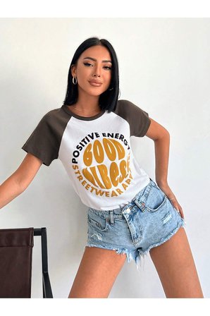 Kadın Kısa Kol Puf Print Slogan Baskılı Beyaz Tişört