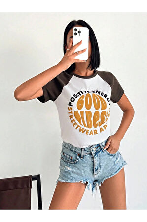Kadın Kısa Kol Puf Print Slogan Baskılı Beyaz Tişört