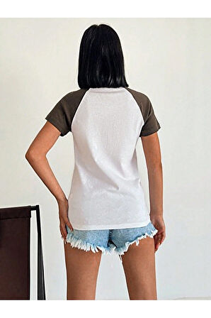 Kadın Kısa Kol Puf Print Slogan Baskılı Beyaz Tişört