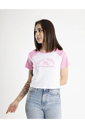 Kadın Crop Baskılı Bisiklet Yaka Tişört