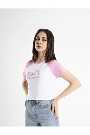 Kadın Crop Baskılı Bisiklet Yaka Tişört