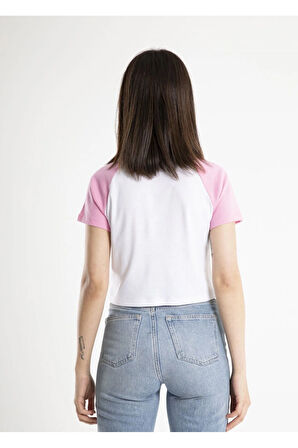 Kadın Crop Baskılı Bisiklet Yaka Tişört