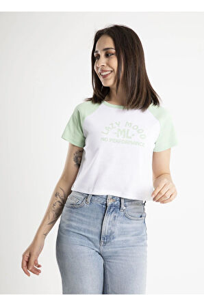 Kadın Crop Baskılı Bisiklet Yaka Tişört