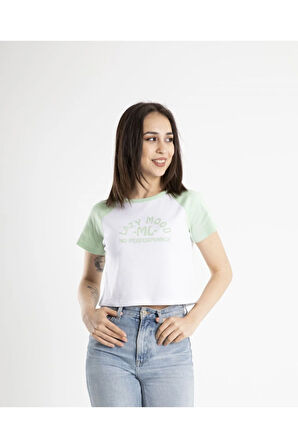 Kadın Crop Baskılı Bisiklet Yaka Tişört