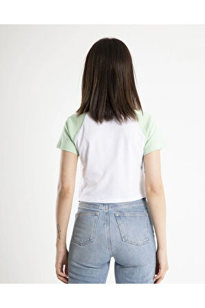 Kadın Crop Baskılı Bisiklet Yaka Tişört