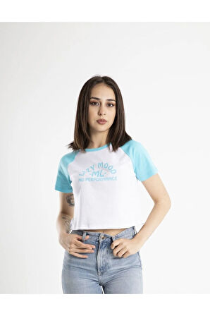 Kadın Crop Baskılı Bisiklet Yaka Tişört