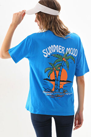 Bisiklet Yaka Ön Arka Baskılı Rahat Kesim Tshirt