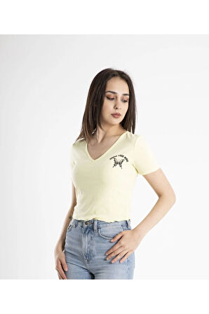 Kadın Crop V Yaka Tişört