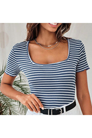 Kadın U Yaka Fitilli Kısa Kollu Crop Tişört