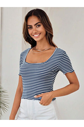 Kadın U Yaka Fitilli Kısa Kollu Crop Tişört