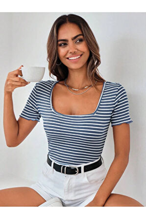 Kadın U Yaka Fitilli Kısa Kollu Crop Tişört