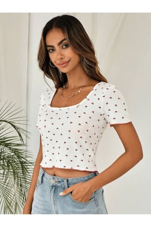 Kadın Kiraz Cherry Baskılı U Yaka Fitted Kısa Kollu Crop Tişört